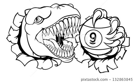 Dinosaur and 9 Ball Nine Ball Pool Cartoon Mascot 132863845