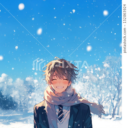 雪地裡微笑的高中男生人工智慧影像 132863924