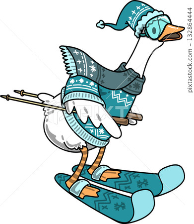 Groovy Goose Skiing in Winter Outfit Cartoon Groovy Goose Skiing in Winter Outfit Cartoon 132864444