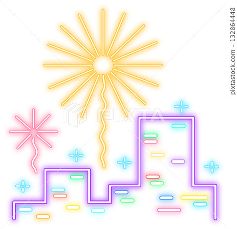 Neon Glow Firework and Cityscape Illustration Neon Glow Firework and Cityscape Illustration 132864448