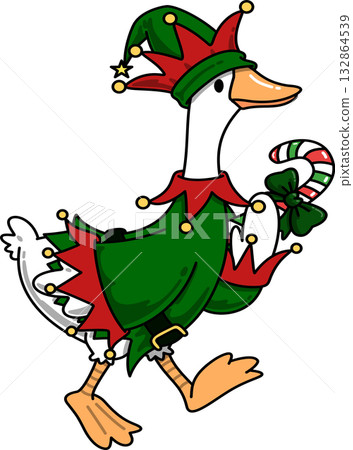 Groovy Goose Dressed as Christmas Elf Cartoon	 132864539