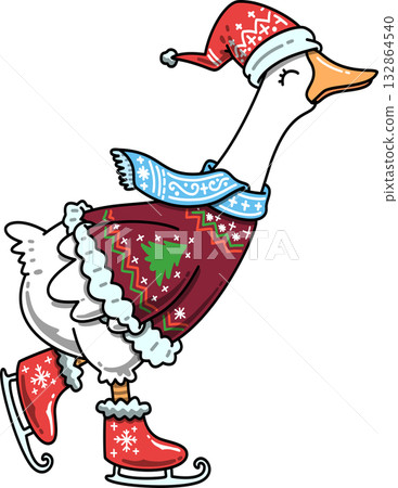Groovy Goose Playing Ice Skating in Winter Outfit Cartoon	 132864540