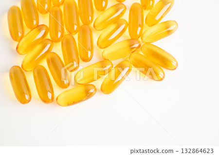 Fish oil or Cod liver oil gel in capsules with omega 3 vitamins, supplementary healthy food. 132864623
