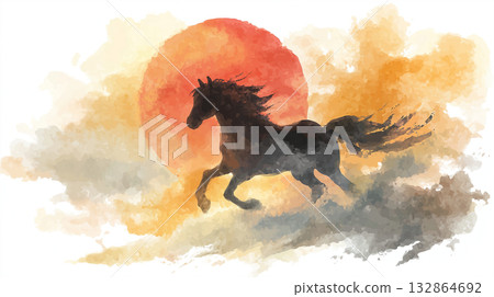 A horse drawn in Japanese style with the Japanese flag in the background 132864692