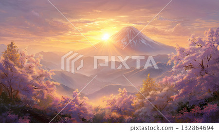一年中的第一道陽光和富士山，日本的象徵。 132864694