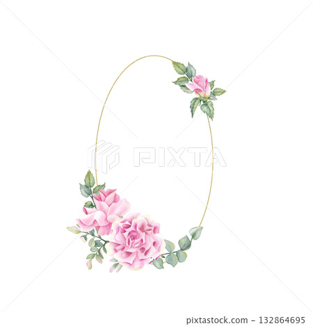 Oval golden frame Pink rose. Watercolor flower floral wreath, round template. Border with leaves, eucalyptus, pistachio. Isolated gold Illustration, decor and design for wedding invitation, label 132864695