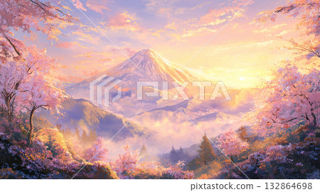 一年中的第一道陽光和富士山，日本的象徵。 132864698