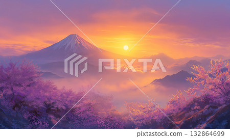 一年中的第一道陽光和富士山，日本的象徵。 132864699