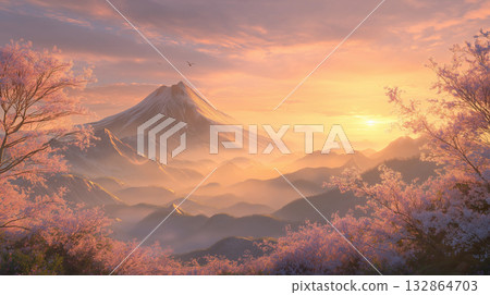 一年中的第一道陽光和富士山，日本的象徵。 132864703