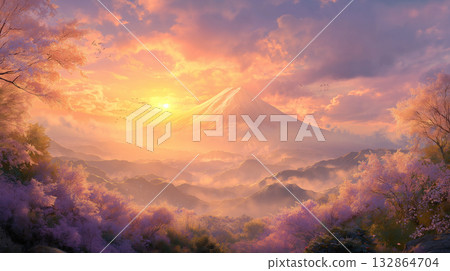 一年中的第一道陽光和富士山，日本的象徵。 132864704