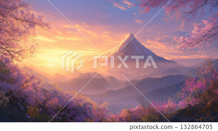 一年中的第一道陽光和富士山，日本的象徵。 132864705