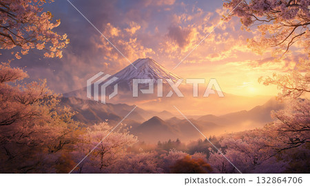 The first sunrise of the year and Mount Fuji, symbols of Japan The first sunrise of the year and Mount Fuji, symbols of Japan 132864706