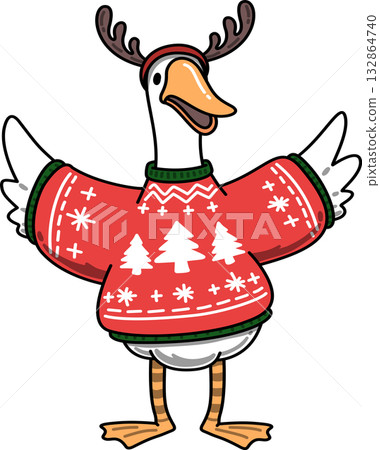 Groovy Goose Wearing Antlers and Christmas Sweater Cartoon Groovy Goose Wearing Antlers and Christmas Sweater Cartoon 132864740