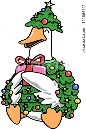 Groovy Goose Dressed as Christmas Tree Holding Gift Cartoon Groovy Goose Dressed as Christmas Tree Holding Gift Cartoon 132864805