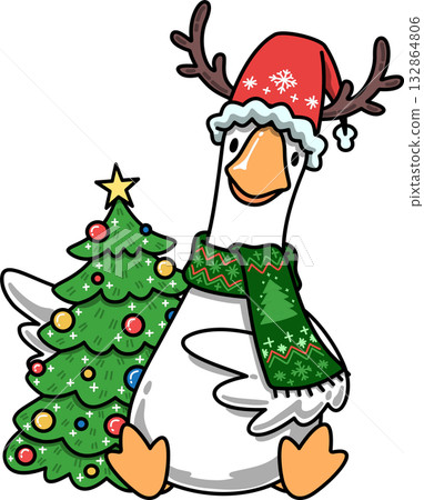 Groovy Goose Celebrating Christmas with Christmas Tree Cartoon Groovy Goose Celebrating Christmas with Christmas Tree Cartoon 132864806