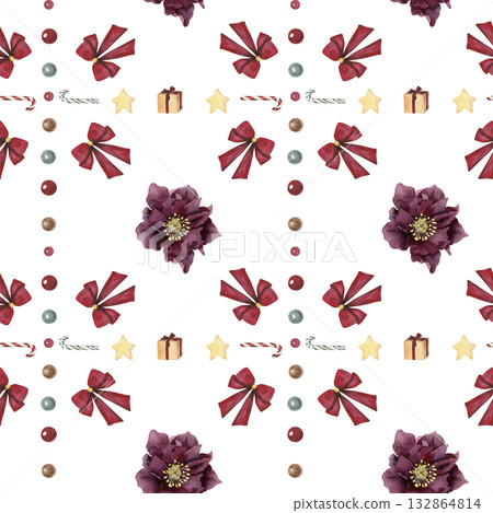 Watercolor Christmas and New Year seamless pattern with bow and flowers Watercolor Christmas and New Year seamless pattern with bow and flowers 132864814