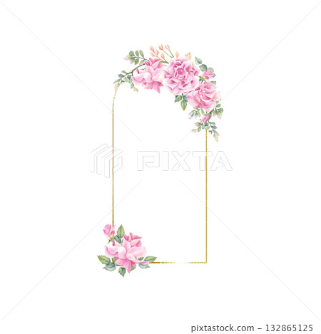 Arch golden frame rose flower. Watercolor floral arc wreath, art deco template. Linear border with leaves. Isolated thin curved line art, decor design for wedding invitation, label, greeting card 132865125