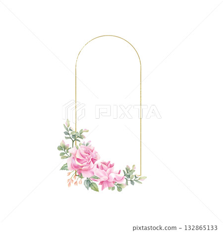 Arch golden linear frame rose flower. Watercolor floral arc wreath, art deco template. Border with leaves, freesia. Isolated gold thin curved line, decor design for wedding invitation, label Arch golden linear frame rose flower. Watercolor floral arc wreath, art deco template. Border with leaves, freesia. Isolated gold thin curved line, decor design for wedding invitation, label 132865133