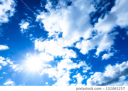 A simple landscape of blue sky, clouds and sun A simple landscape of blue sky, clouds and sun 132865257