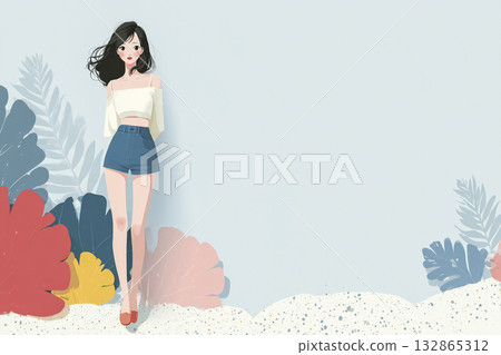 Image of a young woman surrounded by greenery in summer 132865312