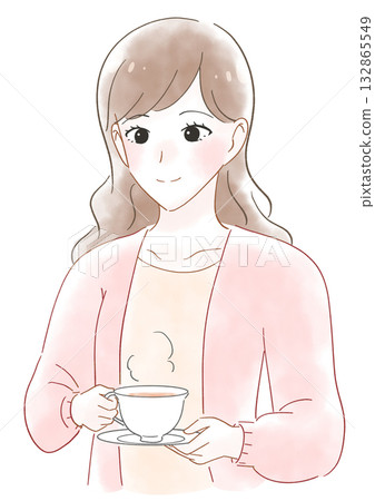 水彩插畫，描繪了一位正在喝茶的女子 132865549
