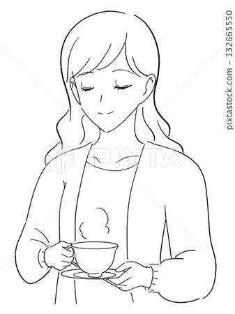 Black and white illustration of a woman drinking tea 132865550