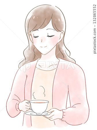 Watercolor illustration of a woman drinking tea 132865552