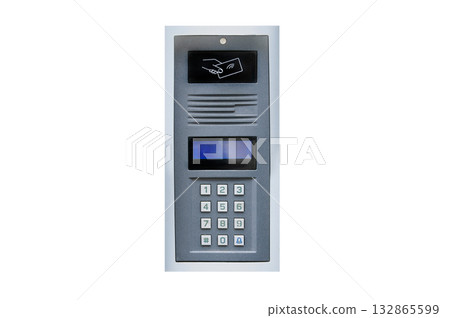 Modern access control panel with keypad and display for secure entry systems at residential or commercial properties isolated on white background 132865599