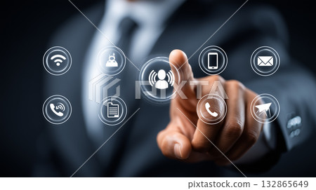A future business scene where a male businessman touches a virtual interface. Technology material 132865649