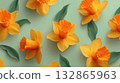 Top view arrangement of daffodils and green leaves on pastel background, perfect for spring themes and floral decoration concepts.  132865963