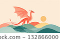 A stylized red dragon stands atop abstract rolling hills with a warm sun, blending fantasy, minimalism, and graphic design elements.  132866000