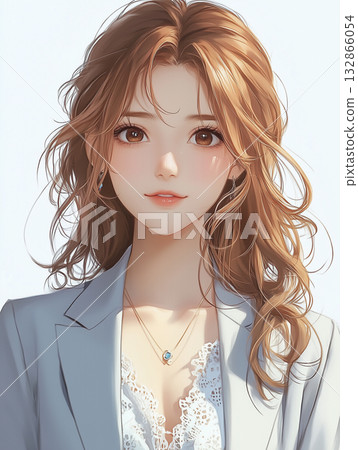 一位身穿西裝的美麗動漫風格女性。微笑肖像插畫 132866054