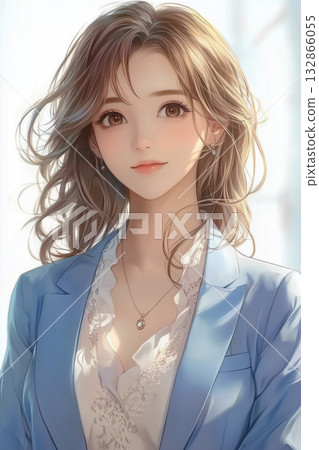 一位身穿西裝的美麗動漫風格女性。微笑肖像插畫 132866055