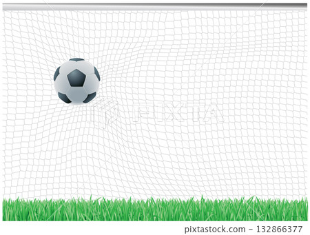 Soccer football ball in soccer goal with green grass field stock illustration. 132866377