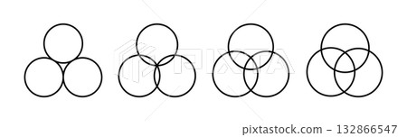 Three intersecting circles set. Circle Venn diagram with three parts. Infographic chart line icon. 3 overlap balance elements diagram. Vector illustration isolated on white background Three intersecting circles set. Circle Venn diagram with three parts. Infographic chart line icon. 3 overlap balance elements diagram. Vector illustration isolated on white background 132866547
