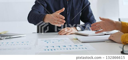 Businesspeople shaking hands, confirming partnership agreement while sitting in contemporary corporate sunny office. Business handshake concept Businesspeople shaking hands, confirming partnership agreement while sitting in contemporary corporate sunny office. Business handshake concept 132866615