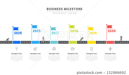 Business infographic roadmap timeline with 6 milestones elements, Important Events annual business presentation vector. 132866692