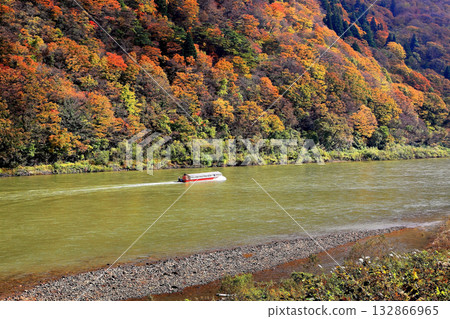Mogami River Basho Line Boat Ride through Autumn Leaves 132866965