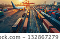 Logistics, container Cargo ship transportation with working crane bridge in deep sea port for import export. 132867279