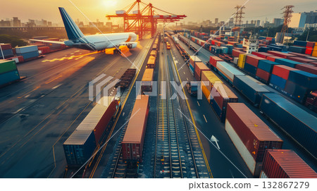 Logistics, container Cargo ship transportation with working crane bridge in deep sea port for import export. 132867279