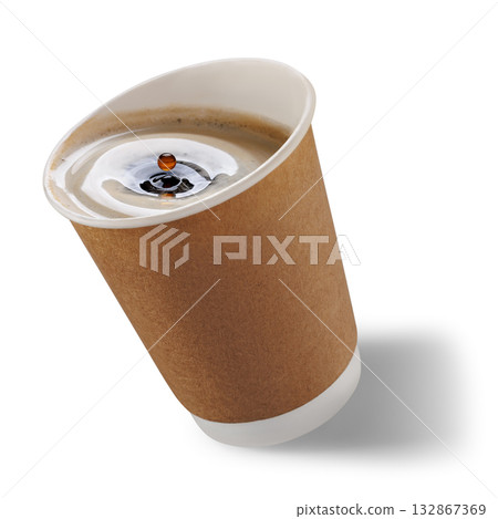 Inclined disposable paper cup with freshly brewed coffee with wave and drop, isolated on white background Inclined disposable paper cup with freshly brewed coffee with wave and drop, isolated on white background 132867369