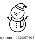 A simple illustration of a snowman wearing a Santa hat 132867404