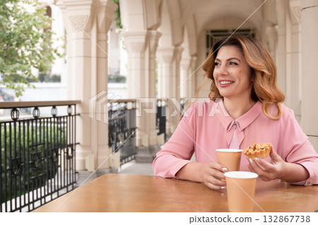 Woman Coffee Pastry Enjoying Outdoor Cafe Table 132867738