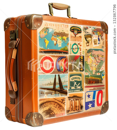 Retro suitcase of  traveler isolated on white background png transparent clipart. 132867796
