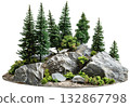 Rock surrounded by fir trees. Garden design isolated on white background png transparent clipart. 132867798