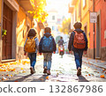 Back to schools Italian children with colorful backpacks walking on a cobblestone street 132867986