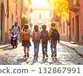 Back to schools Italian children with colorful backpacks walking on a cobblestone street 132867991