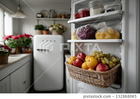 Fresh fruits and vegetables stored in suburban kitchen fridge for healthy living 132868065