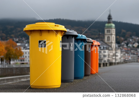 Row of colorful recycling bins on a street in Germany under a cloudy sky 132868068