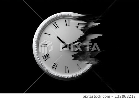 Conceptual representation of time distortion through a clock with reversed numbers and glitch effects 132868212